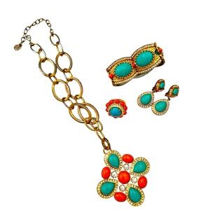 RJ Graziano goldtone faux Turquoise & coral Necklace/bracelet/earrings/ring Set